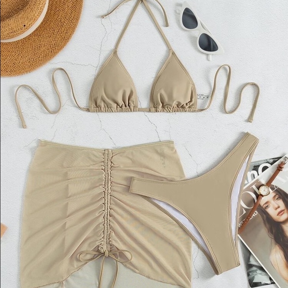 3 piece Triangle bikini Swimsuit and Drawstring Beach skirt